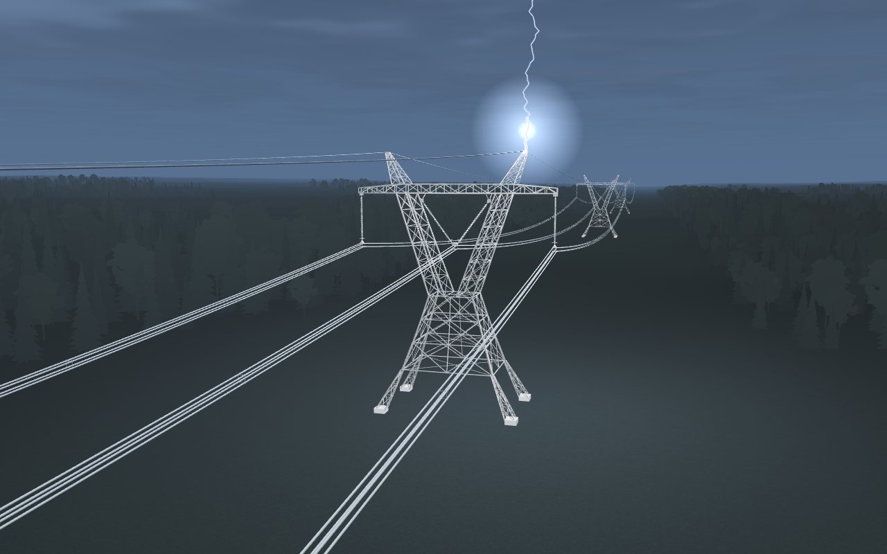 A lightning channel reaches the top of a lattice transmission tower; the conductors of the line run off on both sides.