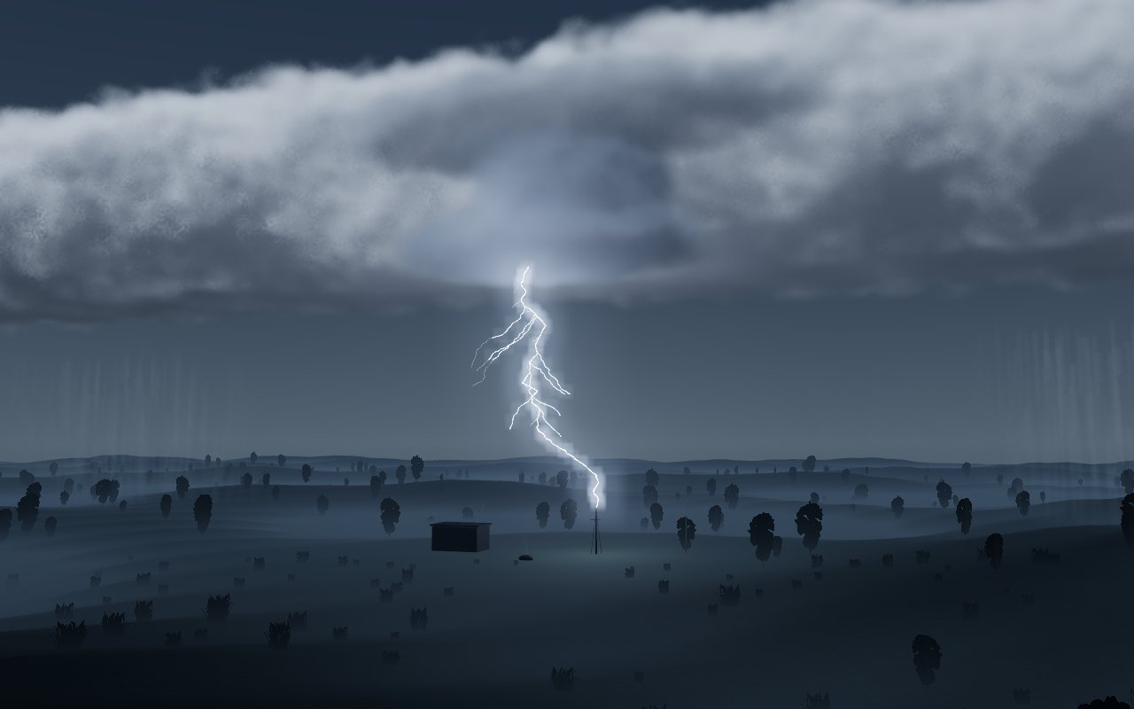 A bright lightning channel joins a storm cloud to a mast on the ground.
